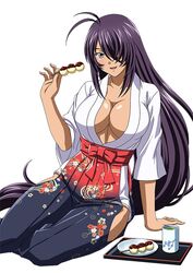  black_hair breasts cleavage dango female food hair_over_one_eye hakama hakama_skirt ikkitousen japanese_clothes kan&#039;u_unchou large_breasts long_hair looking_at_viewer open_clothes open_shirt rin-sin shirt simple_background sitting skirt solo wagashi white_background white_shirt 