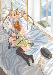  2girls ascot bad_id bad_pixiv_id blonde_hair blouse blue_sky book cloud collarbone curtains flandre_scarlet grey_hair hair_ribbon hand_on_another&#039;s_head hat hat_ribbon highres indoors k-nashi komeiji_koishi laevatein_(touhou) lap_pillow light_smile long_sleeves looking_at_another lying mob_cap multiple_girls no_pants no_shoes on_bed on_lap on_side open_clothes open_vest panties parted_lips pillow red_eyes ribbon seiza shirt short_hair short_sleeves side_ponytail sitting sky sleeping thighhighs third_eye touhou underwear untied unworn_hat unworn_headwear vest when_you_see_it white_panties wide_sleeves window wings yuri 