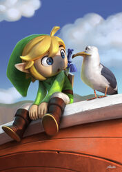  1boy ahoge bird blonde_hair blue_eyes boots cassio_yoshiyaki cloud cloudy_sky commentary day english_commentary highres link looking_at_another master_sword over_shoulder photoshop_(medium) pointy_ears seagull shield shield_on_back short_hair signature sitting sky sword sword_over_shoulder the_legend_of_zelda the_legend_of_zelda:_the_wind_waker toon_link weapon weapon_over_shoulder 