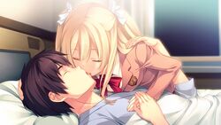  bed blonde_hair game_cg innocent_bullet kissing long_hair nachi_youji oosaki_shinya seifuku yasouji_ai 