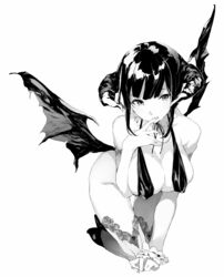  bad_id bad_pixiv_id bare_shoulders breasts cleavage commentary_request demon_girl demon_horns eyebrows female finger_to_mouth greyscale halterneck high_heels highres horns large_breasts mole mole_on_breast monochrome original shunsei_(muratou) sidelocks simple_background solo thighhighs white_background wings wrist_cuffs 