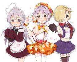  3girls :d ahoge bags_under_eyes beret black_wings brown_eyes caracorn chains cleavage_cutout clothing_cutout collar commentary_request cosplay costume_switch cuffs-to-collar elbow_gloves flying_sweatdrops gloves grey_hair hair_ornament hair_over_one_eye hat heart heart_cutout heart_hands hoshi_syoko hoshi_syoko_(cosplay) idol idolmaster idolmaster_cinderella_girls kawaii_boku_to_142&#039;s_(idolmaster) koshimizu_sachiko koshimizu_sachiko_(cosplay) long_hair maid maid_headdress midriff multiple_girls navel open_mouth pinstripe_pattern polka_dot polka_dot_headwear purple_hair red_collar shirasaka_koume shirasaka_koume_(cosplay) short_hair skull sleeves_past_fingers sleeves_past_wrists smile striped thighhighs wings 