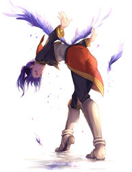  1boy absurdres armored_boots black_eyes black_hair boots commentary_request full_body highres leaning_forward long_hair looking_at_viewer looking_back male_focus official_alternate_costume outstretched_arms ponytail solo soysae spread_arms standing tales_of_(series) tales_of_vesperia uniform white_background wings yuri_lowell yuri_lowell_(true_knight) 