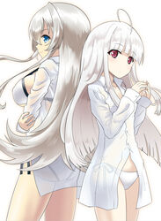  2girls absolute_duo ahoge back-to-back blue_eyes breasts color_connection commentary_request crossover flat_chest grey_hair hair_color_connection ishizu_kayu large_breasts long_hair looking_at_viewer multiple_girls no_pants ore_twintail_ni_narimasu panties red_eyes twoearle underwear white_hair white_panties yurie_sigtuna 