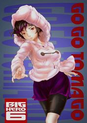  baymax baymax_(cosplay) big_hero_6 bike_shorts bike_shorts_under_shorts black_hair character_name commentary copyright_name cosplay cowboy_shot english_commentary female gogo_tomago highres hood hoodie multicolored_hair nose ougushi_takaaki purple_hair purple_shorts red_eyes short_hair short_shorts shorts solo streaked_hair 