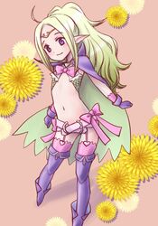  ahoge blush bow cape circlet commentary_request female fire_emblem fire_emblem_awakening flat_chest flower garter_straps gloves green_hair long_hair midriff mizukurage_(mamenyan) navel nowi_(fire_emblem) petite pointy_ears purple_eyes ribbon smile solo thighhighs 