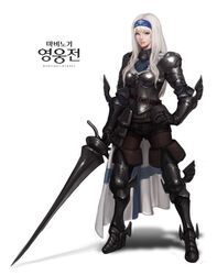  armor armored_boots artnohearts belt blue_eyes boots commentary_request couter female gauntlets hand_on_own_hip korean_commentary long_hair looking_at_viewer mabinogi mabinogi_heroes original pauldrons photoshop_(medium) player_character_(mabinogi_heroes) shadow shoulder_armor simple_background solo weapon white_background white_hair 