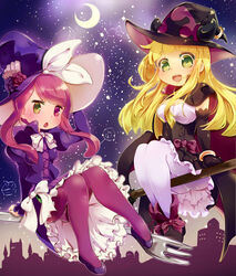  2girls blonde_hair bow breasts broom cape cleavage commentary_request dress duel_monster fork ghostrick_witch gloves green_eyes hat heterochromia highres long_hair looking_at_viewer madolche_magileine medium_breasts multiple_girls open_mouth pantyhose petticoat pink_hair purple_eyes purple_hair small_breasts smile star_(symbol) witch_hat yaibaken yu-gi-oh! 