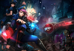  3girls aircraft bad_link black_footwear blitzcrank blue_eyes boots breast_tattoo breasts caitlyn_(league_of_legends) cigar cleavage daeho_cha earrings elbow_gloves explosion gauntlets gloves grin gun hat highres jewelry jinx_(league_of_legends) knee_boots large_breasts league_of_legends lips long_hair looking_at_viewer multiple_girls night officer_caitlyn officer_vi photoshop_(medium) pink_hair police police_hat police_uniform rifle robot science_fiction sitting sitting_on_person smile smoking tattoo uniform vi_(league_of_legends) weapon 