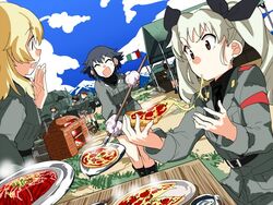  3girls :d anchovy_(girls_und_panzer) anzio_military_uniform belt black_belt black_eyes black_footwear black_hair black_necktie black_ribbon black_shirt blonde_hair blue_sky boots braid brick_oven canopy_(shelter) carpaccio_(girls_und_panzer) carro_armato_p40 cheese_trail closed_eyes cloud cloudy_sky day dress_shirt drill_hair dutch_angle eating food girls_und_panzer green_hair grey_skirt hair_ribbon hand_to_own_mouth holding holding_food holding_pizza italian_flag knee_boots long_hair long_sleeves looking_at_another margherita_pizza military military_uniform military_vehicle motor_vehicle multiple_girls necktie open_mouth outdoors oven oven_mitts peel_(tool) pepperoni_(girls_und_panzer) pizza ribbon sam_browne_belt shirt short_hair shovel side_braid sitting skirt sky smile standing table tank tsuru_(clainman) twin_drills twintails uniform v-shaped_eyebrows 