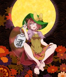  :d animal_ears autumn_leaves bare_legs barefoot black_background bow brown_eyes brown_hair brown_skirt commentary_request crossed_ankles female floral_background floral_print full_body full_moon futatsuiwa_mamizou genjiguruma glasses gourd green_hat hat hat_bow highres holding holding_jar index_finger_raised invisible_chair jar leaf leaf_on_head misyagu moon no_shoes open_mouth partial_commentary raccoon_ears raccoon_girl raccoon_tail rope round_eyewear seigaiha short_hair sitting skirt smile soles tail toes tokkuri torioigasa touhou wave_print wisteria_print yellow_bow yellow_moon 