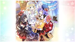  &gt;_&lt; 4girls absurdres animal_costume animal_ears animal_hands animal_hat armor armored_boots armored_dress black_armor black_bow black_dress black_hair blonde_hair blue_dress blue_eyes boots bouquet_(neptunia) bow braid closed_eyes detached_sleeves dress flower four_goddesses_online:_cyber_dimension_neptune frilled_dress frills game_cg gloves hair_flower hair_ornament hair_ribbon happy hat highres holding holding_clothes holding_dress long_braid long_hair multiple_girls necktie neptune_(series) noire_(neptunia) official_art outstretched_arms pink_bow pish purple_hair pururut red_dress red_eyes ribbon rose short_hair shoulder_armor single_braid sparkle tail treasure_chest tsunako twintails unworn_dress white_dress white_gloves 