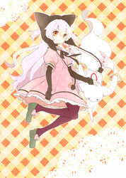  animal_hat bow commentary dress female hat headpat kyuubee long_hair long_sleeves mahou_shoujo_madoka_magica mahou_shoujo_madoka_magica:_hangyaku_no_monogatari momoe_nagisa momoe_nagisa_(magical_girl) oraneko pantyhose polka_dot polka_dot_dress sailor_dress smile symbol-only_commentary two_side_up white_hair yellow_eyes 