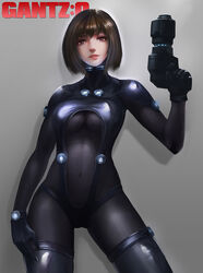  bad_id bad_pixiv_id brown_eyes brown_hair cameltoe commentary contrapposto covered_navel female gantz gun handgun highres lips looking_at_viewer parted_lips photoshop_(medium) shadow simple_background skin_tight skindentation solo standing turewindwalker weapon yamasaki_anzu 