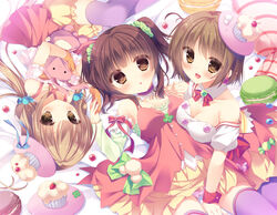  3girls :d :o bed_sheet blonde_hair blunt_bangs blush breasts brown_eyes brown_hair candy candy_island_(idolmaster) cleavage clover commentary_request cupcake detached_collar earrings food food-themed_clothes four-leaf_clover futaba_anzu hair_ornament idolmaster idolmaster_cinderella_girls jewelry light_brown_hair long_hair looking_at_viewer lying macaron medium_breasts mimura_kanako multiple_girls ogata_chieri open_mouth panties pantyshot pink_panties purple_legwear scrunchie short_hair smile stuffed_animal stuffed_rabbit stuffed_toy sweet2_happy_(idolmaster) thighhighs twintails underwear wrist_cuffs yukie_(peach_candy) 