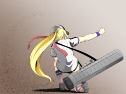  american_flag_legwear azur_lane baseball_cap blonde_hair bogue_(azur_lane) clenched_hand commentary_request female from_behind full_body hair_ribbon hat kneehighs long_hair madakov_kodima on_one_knee ponytail red_ribbon ribbon short_sleeves socks solo very_long_hair 