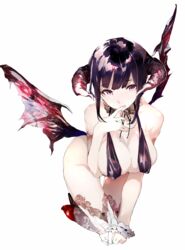  bad_id bad_pixiv_id bare_shoulders black_hair breasts cleavage commentary_request demon_girl demon_horns eyebrows female finger_to_mouth halterneck high_heels highres horns large_breasts mole mole_on_breast original red_eyes shunsei_(muratou) sidelocks simple_background solo thighhighs white_background wings wrist_cuffs 