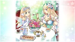  2girls absurdres blonde_hair blue_eyes blush bouquet bouquet_(neptunia) bracelet breasts cake candle cookie cup cupcake detached_sleeves dress fairy_wings feeding flower food four_goddesses_online:_cyber_dimension_neptune game_cg gloves green_dress hair_flower hair_ornament hand_on_own_chest highres holding holding_plate jewelry large_breasts long_hair multiple_girls necklace necktie neptune_(series) official_art plate sitting sleeve_cuffs smile table teacup teapot tsunako vert_(neptunia) white_dress white_gloves wings 