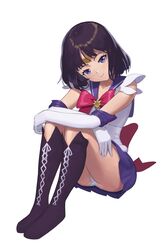  back_bow bishoujo_senshi_sailor_moon black_hair boots bow brooch choker circlet closed_mouth commentary_request cross-laced_footwear elbow_gloves female full_body gloves head_tilt jewelry knee_boots lace-up_boots leotard looking_at_viewer lud magical_girl panties pantyshot pleated_skirt purple_bow purple_choker purple_eyes purple_footwear purple_sailor_collar purple_skirt red_bow sailor_collar sailor_saturn sailor_senshi_uniform short_hair simple_background sitting skirt smile solo star_brooch tomoe_hotaru underwear white_background white_gloves 