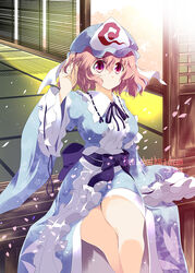  cherry_blossoms commentary_request cover cover_page doujin_cover english_text female floral_print frilled_kimono frilled_shirt_collar frills gradient_eyes hair_between_eyes hat hip_focus japanese_clothes kimono legs mob_cap multicolored_eyes obi petals photoshop_(medium) pink_eyes pink_hair purple_eyes ribbon ribbon-trimmed_collar ribbon_trim saigyouji_yuyuko sash sitting sliding_doors solo tatami thighs touhou triangular_headpiece usuusu veil wide_sleeves wind window_blinds 