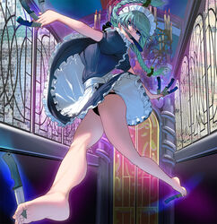  action apron bare_legs barefoot between_fingers between_toes black_dress black_panties blue_eyes bow braid candle chandelier commentary dress dress_flip feet female frilled_dress frills full_body green_bow grey_hair hairbow highres holding holding_knife holding_weapon_with_feet holding_with_feet indoors izayoi_sakuya jumping knife knives_between_fingers kouno_(masao) looking_at_viewer maid maid_headdress multiple_wielding outstretched_arms panties pantyshot photoshop_(medium) plantar_flexion revision soles solo spread_arms stained_glass touhou twin_braids underwear waist_apron weapon wind wind_lift 