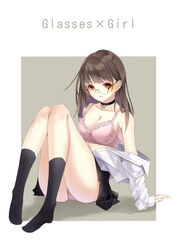  amahara_pekozaemon bad_id bad_pixiv_id bare_shoulders black_choker black_skirt black_socks blunt_bangs blush bra breasts brown_background brown_eyes brown_hair choker cleavage closed_mouth collarbone embarrassed english_text female full_body glasses kneehighs long_hair long_sleeves looking_at_viewer medium_breasts miniskirt no_shoes off_shoulder open_clothes open_shirt original outside_border panties pantyshot pink_bra pink_panties rimless_eyewear round_eyewear shirt sitting skirt sleeves_past_wrists socks solo underwear upskirt white_shirt 