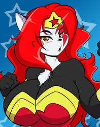  anthro big_breasts blue_eyes breasts chest_tuft cleavage clothed clothing cosplay dc_comics domestic_cat eliza_(mastergodai) felid feline felis female hair heterochromia huge_breasts long_hair looking_at_viewer mammal mastergodai mramp muscular muscular_anthro muscular_female orange_eyes red_hair skimpy solo tuft wonder_woman 