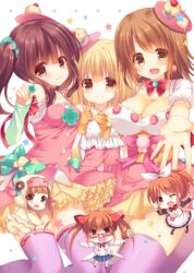  6+girls ;d abe_nana blonde_hair bow breasts brown_eyes brown_hair candy_island_(idolmaster) chibi cleavage commentary_request cosplay futaba_anzu glasses hair_ornament hair_ribbon hairbow holding ichihara_nina idolmaster idolmaster_cinderella_girls ikebukuro_akiha kigurumi large_breasts long_hair looking_at_viewer maid medium_breasts megaphone mimura_kanako multiple_girls ogata_chieri one_eye_closed open_mouth pink_legwear ponytail ribbon school_uniform serafuku short_hair smile standing suzunone_rena sweet2_happy_(idolmaster) thighhighs twintails zettai_ryouiki 