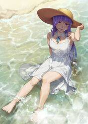  barefoot black_light commentary_request dress female hand_on_headwear hat highres jewelry kiskill_lyra_(monster_strike) long_hair looking_at_viewer monster_strike ocean partially_submerged pendant purple_eyes purple_hair signature sitting solo straw_hat water 