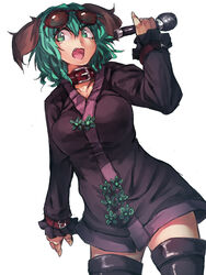  animal_ears boots breasts choujuu_gigaku collar commentary_request dress eyewear_on_head female green_eyes green_hair highres kasodani_kyouko large_breasts melon22 microphone oerba_yun_fang open_mouth short_hair simple_background solo sunglasses symposium_of_post-mysticism thigh_boots thighhighs touhou white_background zettai_ryouiki 