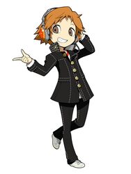  1boy brown_eyes brown_hair grin hanamura_yousuke headphones highres houndstooth male_focus official_art oribe_hanako persona persona_4 persona_q2:_new_cinema_labyrinth persona_q_(series) pointing school_uniform shoes smile sneakers solo source_request yasogami_school_uniform 