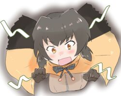  bow bowtie brown_hair commentary_request female frilled_lizard_(kemono_friends) gloves kemono_friends low_twintails open_mouth orange_eyes portrait short_hair simple_background solo twintails white_background yaguruma_(ygrm0324) 