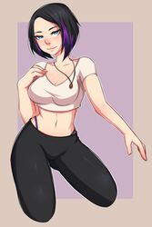  5-ish black_hair blue_eyes leggings purple_hair sally_anne thong 