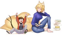  2girls ^_^ alternate_costume animal_ears arms_up barefoot blonde_hair blue_pants blue_sweater book book_stack brown_hair casual cat_ears cat_tail chen clenched_hands clip_studio_paint_(medium) closed_eyes commentary_request contemporary denim fox_ears fox_tail full_body grey_pants hair_between_eyes hanten_(clothes) happy holding holding_book japanese_clothes jeans kinketsu leaning_back long_hair long_sleeves looking_at_another multiple_girls multiple_tails nekomata no_headwear open_book orange_eyes pants paper paw_print shirt short_hair simple_background sitting slippers smile sweater tail touhou turtleneck two_tails white_background wide_sleeves yakumo_ran 