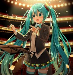  :d aqua_eyes aqua_hair aqua_nails aqua_neckwear bangs banned_artist baton_(instrument) black_jacket black_legwear black_skirt blazer blurry blurry_background blush bow bowtie buttons chair commentary_request confetti depth_of_field hair_between_eyes hair_ornament hands_up hatsune_miku holding indoors jacket long_hair long_sleeves miku_symphony_(vocaloid) miniskirt music_stand nail_polish open_clothes open_jacket open_mouth paper pleated_skirt sheet_music shirt sidelocks skirt smile solo stage_lights standing thighhighs very_long_hair vocaloid white_shirt wing_collar yuuka_nonoko zettai_ryouiki 