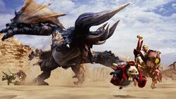  3d armor bad_link barrel battle desert diablos felyne highres horns monster monster_hunter_(character) monster_hunter_(series) monster_hunter_xx multiple_boys official_art sword weapon 