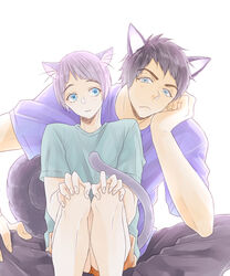  2boys animal_ears black_hair blue_eyes blush cat_ears cat_tail commentary free! grey_hair komorikorimo male_focus mole mole_under_eye multiple_boys nitori_aiichirou simple_background smile tail white_background wolf_ears wolf_tail yamazaki_sousuke 