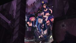  3girls anger_vein angry artist_request belt bikini black_hair blue_hair breasts buckle caitlyn_(league_of_legends) cleavage grin gun hand_on_own_hip highres holding holding_behind_back huge_weapon jacket jinx_(league_of_legends) large_breasts league_of_legends looking_at_viewer micro_bikini midriff multiple_girls navel necktie officer_caitlyn officer_vi open_clothes open_jacket pink_hair pleated_skirt police police_uniform rifle short_sleeves sitting skirt smile sniper_rifle standing swimsuit tattoo teeth unbuttoned uniform vi_(league_of_legends) weapon 