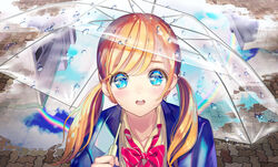  :d beige_shirt blazer blonde_hair blue_eyes blue_jacket blue_sky blush bow bowtie cloud cloudy_sky collared_shirt commentary_request diagonal_stripes eye_reflection female holding holding_umbrella jacket looking_at_viewer low_twintails open_clothes open_jacket open_mouth original puddle purple_bow purple_bowtie rain rainbow reflection shirt sky smile solo striped_bow striped_bowtie striped_clothes tamaki_mitsune teeth transparent transparent_umbrella twintails umbrella upper_teeth_only water_drop 