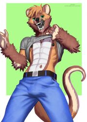  abs anthro bodily_fluids bulge cum cum_drip cum_in_mouth cum_inside dripping drooling genital_fluids green_eyes hi_res licking licking_lips licking_own_lips looking_at_viewer male mammal mustelid nipple_piercing nipples otter piercing richarddeus saliva self_lick shirt_up solo tongue tongue_out 