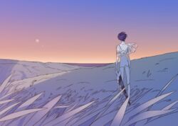  1other androgynous blue_hair commentary_request from_behind grass houseki_no_kuni multiple_moons other_focus outdoors phosphophyllite phosphophyllite_(ll) scenery see-through short_hair sky solo spoilers sword toooka twilight weapon 