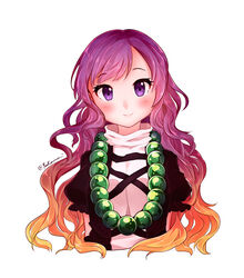  arms_at_sides artist_name beads black_dress blonde_hair blush breasts brown_hair colored_eyelashes commentary cropped_torso dress female frilled_sleeves frills gradient_hair head_tilt highres hijiri_byakuren large_breasts layered_dress long_hair looking_at_viewer multicolored_hair prayer_beads puffy_short_sleeves puffy_sleeves purple_eyes purple_hair short_sleeves simple_background smile solo star_(symbol) swept_bangs touhou turtleneck twitter_username upper_body very_long_hair wavy_hair white_background white_dress yuikannon 