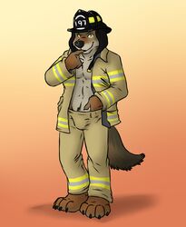  aggrobadger anthro avoid_posting canid canine canis clothed clothing coyote digital_media_(artwork) firefighter looking_at_viewer male mammal open_clothing open_shirt open_topwear partially_clothed shirt solo topwear turnout_gear uniform 