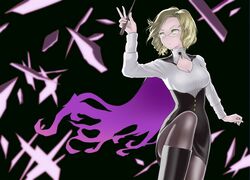  bad_id bad_pixiv_id blonde_hair breasts cape cleavage female glasses glynda_goodwitch medium_breasts pantyhose ponta_(ias1773oi) rwby short_hair solo tsurime wand yellow_eyes 