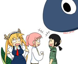  +++ 3girls amakasu_hisone anger_vein blush commentary_request crossover dress hisone_to_masotan horns kobayashi-san_chi_no_maidragon kobayashi_(maidragon) maid maid_headdress masotan multiple_girls oerba_yun_fang osuzu_(osuzu3276) ponytail smile tail tohru_(maidragon) translated twintails 