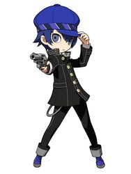  androgynous blue_eyes blue_hair cabbie_hat female gakuran gun handgun hat highres official_art oribe_hanako persona persona_4 persona_q2:_new_cinema_labyrinth persona_q_(series) reverse_trap revolver school_uniform shirogane_naoto short_hair solo source_request weapon yasogami_school_uniform 