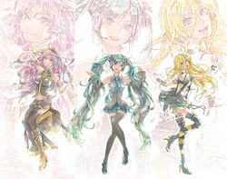  3girls ahoge arm_up bad_id bad_pixiv_id blonde_hair blue_eyes boots bracelet cross-laced_footwear detached_sleeves ena1215 green_eyes green_hair hatsune_miku headset high_heels jewelry lace-up_boots lily_(vocaloid) long_hair megurine_luka multiple_girls navel necktie pink_hair skirt thigh_boots thighhighs twintails very_long_hair vocaloid zoom_layer 