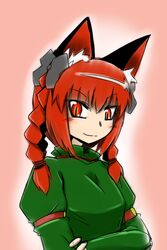  animal_ears bloodycat blush braid cat_ears commentary dress female green_dress hair_ribbon kaenbyou_rin long_hair red_eyes red_hair ribbon smile solo touhou twin_braids upper_body 