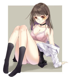  amahara_pekozaemon bad_id bad_pixiv_id bare_shoulders black_choker black_skirt black_socks blunt_bangs blush bra breasts brown_background brown_eyes brown_hair choker cleavage closed_mouth collarbone embarrassed female full_body glasses kneehighs long_hair long_sleeves looking_at_viewer medium_breasts miniskirt no_shoes off_shoulder open_clothes open_shirt original outside_border panties pantyshot pink_bra pink_panties rimless_eyewear round_eyewear shirt sitting skirt sleeves_past_wrists socks solo underwear upskirt white_shirt 