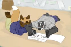  anthro aoba_(artist) badger borges bottomwear canid canine clothing creating_art curtains digital_media_(artwork) drawing duo floor foot_hands fox male mammal marker mustelid musteline pants shirt sketchbook topwear window 